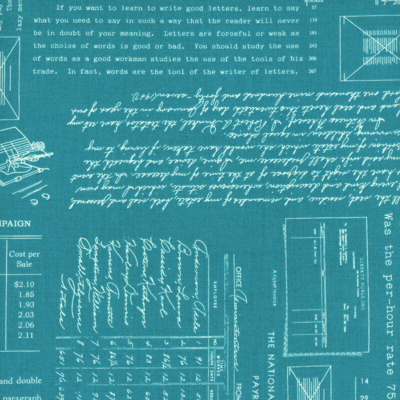Aqua blue fabric adorned with vintage patterns and typing motifs.