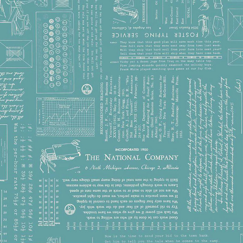 fabric pattern featuring vintage postal images, typewriter, and handwritten text in teal and cream.