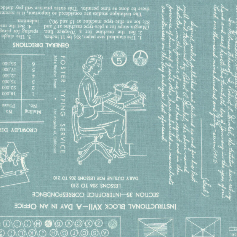 dark turquoise fabric with vintage patterns and typing motifs.