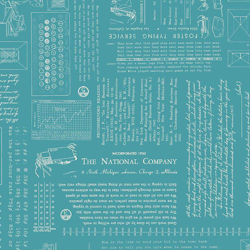 A teal fabric featuring vintage typewriter illustrations and various written texts.