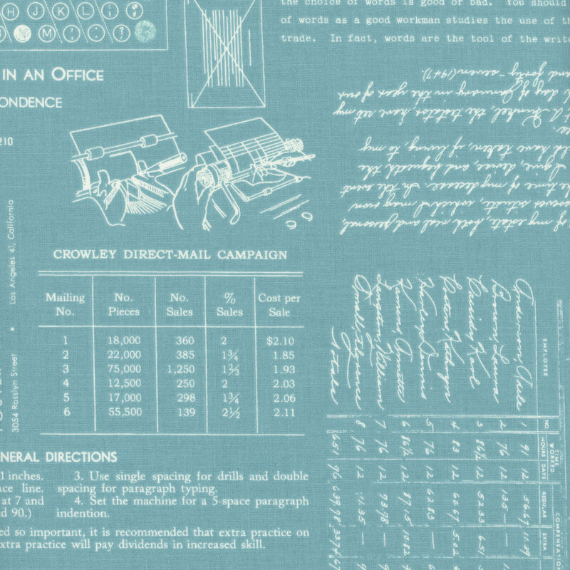 Aqua blue fabric adorned with vintage patterns and typing motifs.