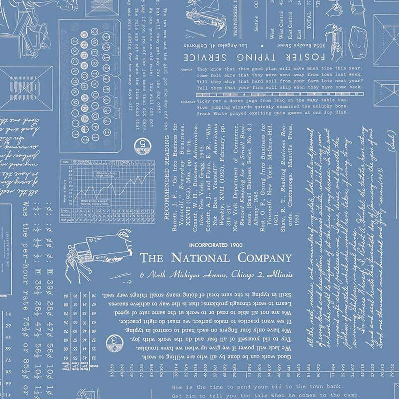 Patterned fabric featuring vintage text and illustrations of typewriters, envelopes, and graphs on a blue canvas.