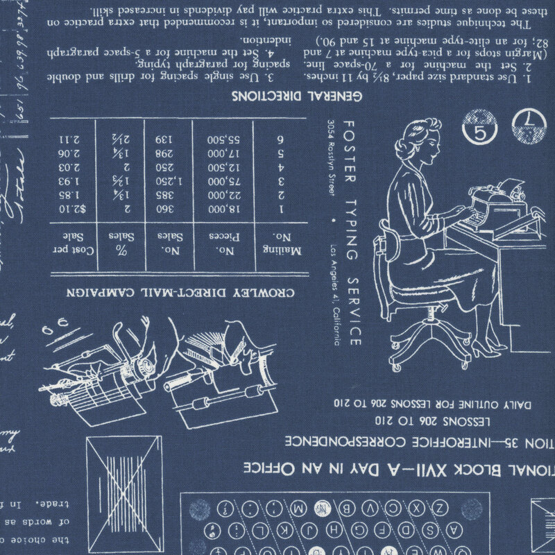 Navy blue fabric adorned with vintage patterns and typing motifs.