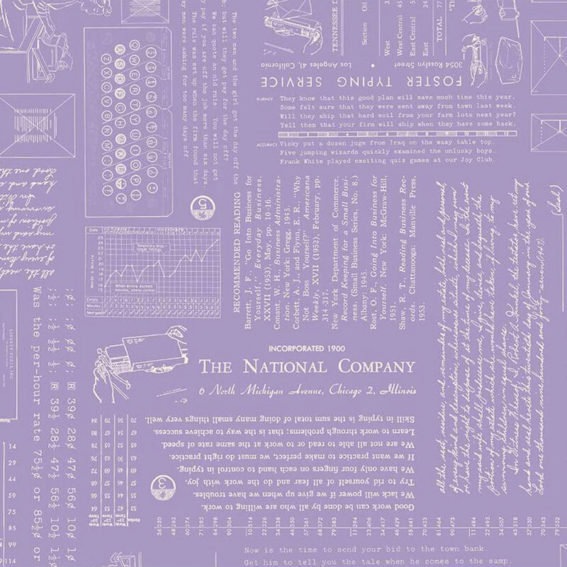 fabric pattern featuring vintage postal-themed illustrations and text on a lavender backdrop.