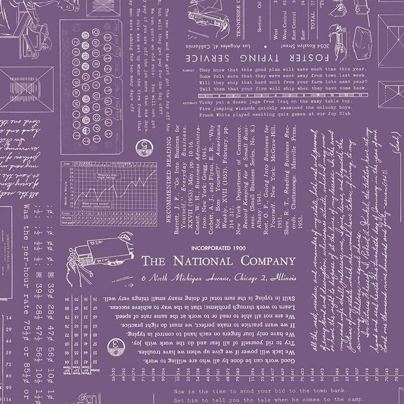 A purple fabric featuring vintage print elements, including graphs, text, and envelope illustrations.