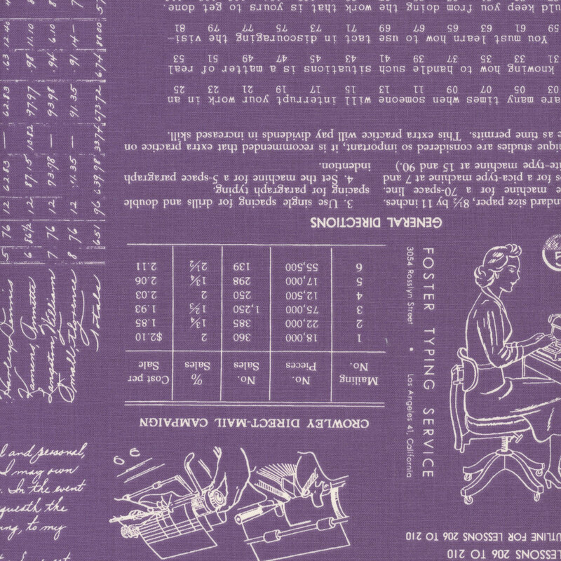 Purple fabric adorned with vintage patterns and typing motifs.