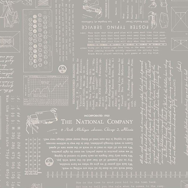 Vintage-style pattern featuring textual elements, typewriter illustrations, and graphs on a muted background.