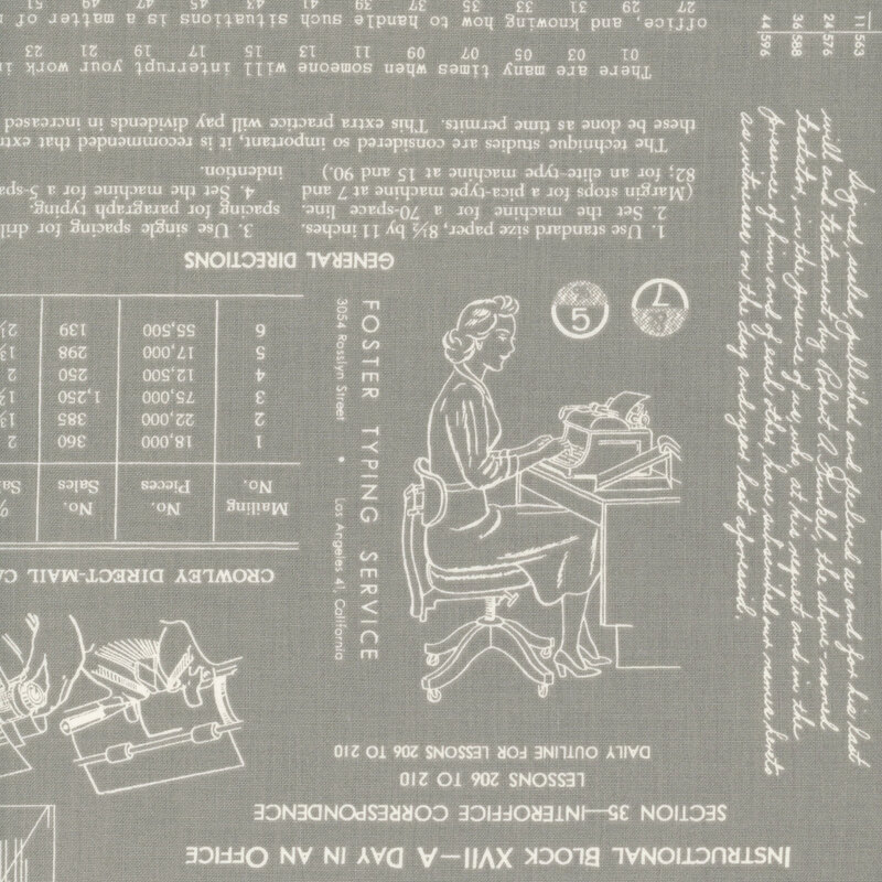 Gray fabric adorned with vintage patterns and typing motifs.