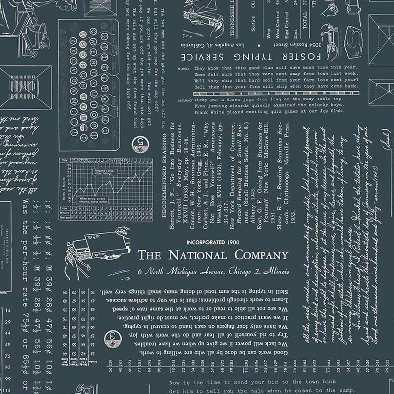 Vintage-themed fabric featuring typewriter illustrations, letters, graphs, and text in a dark color scheme.