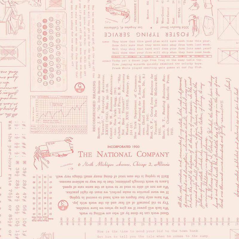 Vintage-style fabric featuring letters, numbers, and graphics related to postal services and data.