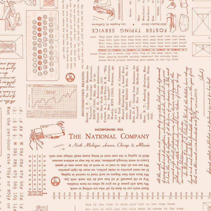 Pattern featuring vintage documents, charts, and text in a beige and red color scheme.