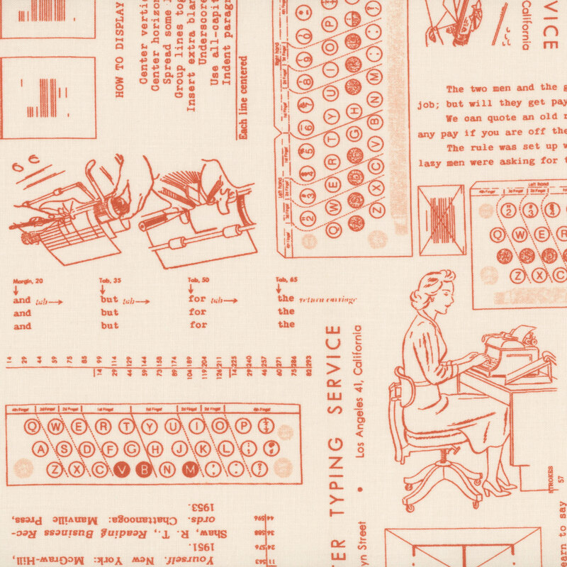 Cream-colored fabric adorned with vintage orange patterns and typing motifs. 