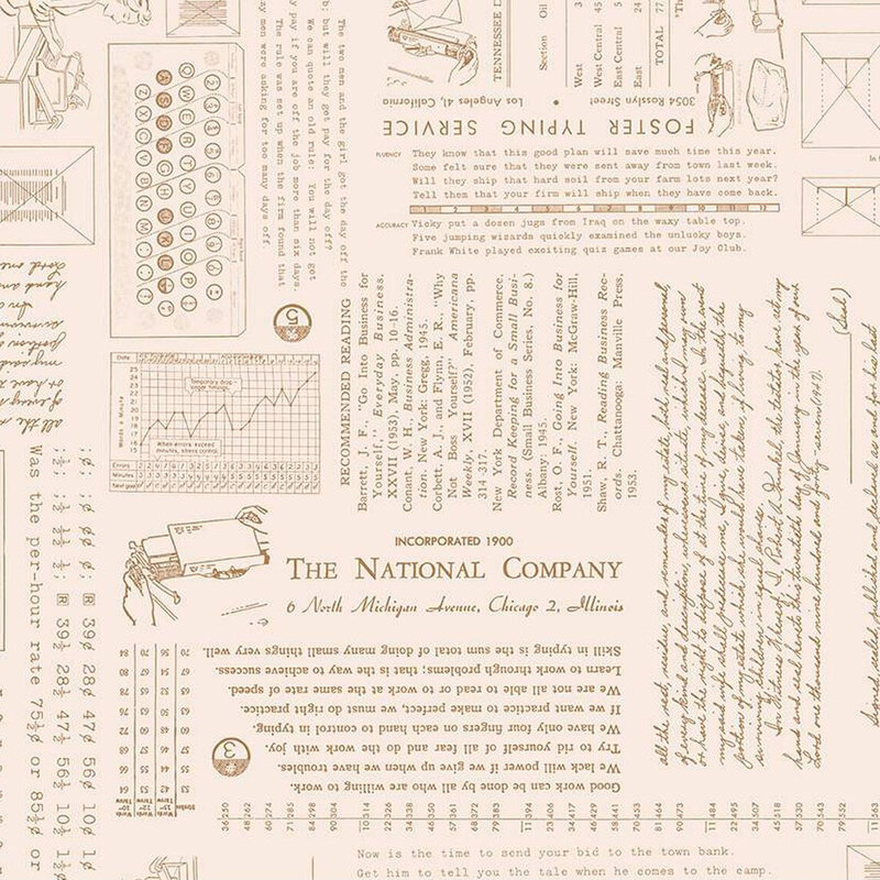 Vintage-style wallpaper featuring text, graphs, and illustrations related to The National Company.