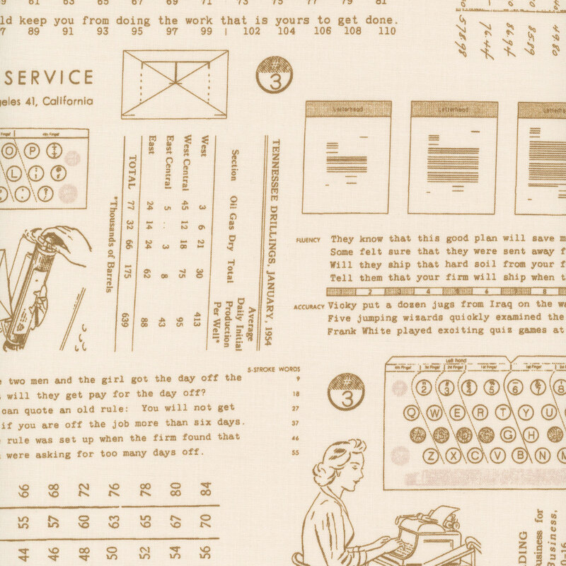 Cream-colored fabric with vintage walnut writing patterns and typing motifs. 