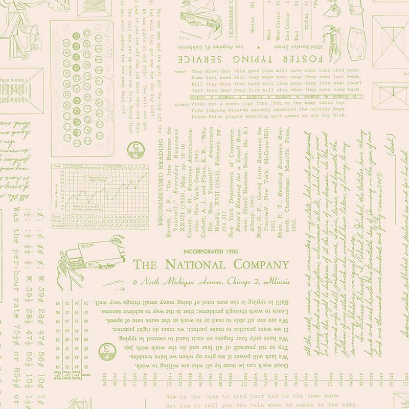 A vintage pattern featuring faded text and illustrations related to a company, in soft green on beige.