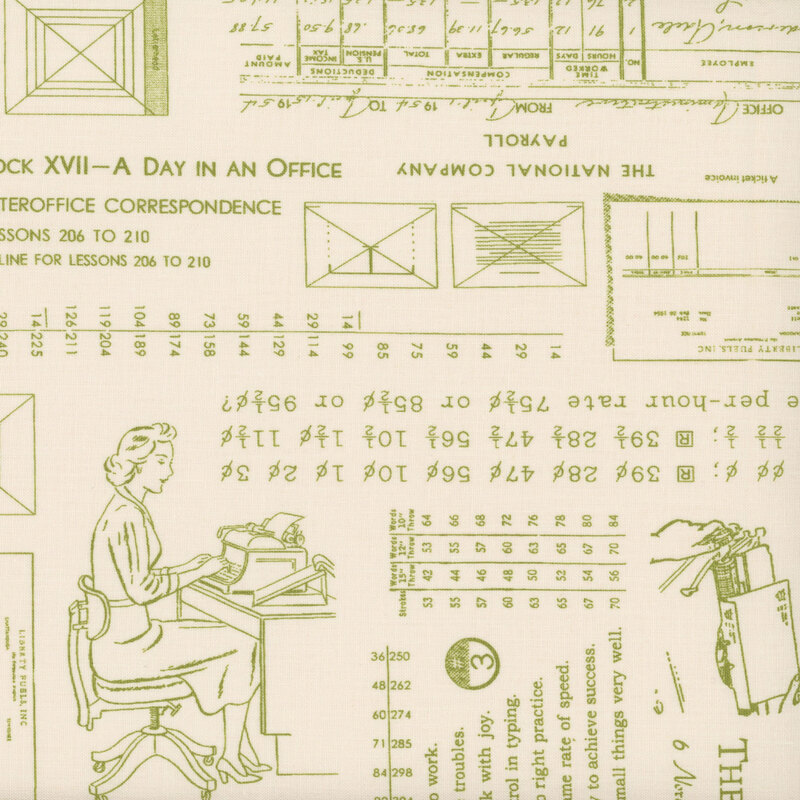 Cream-colored fabric is adorned with vintage green patterns and typing motifs.