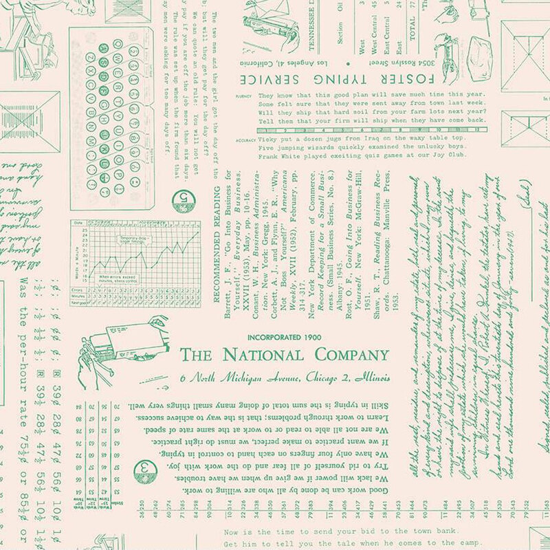 Fabric featuring vintage typography, graphics, and charts, with text from The National Company.