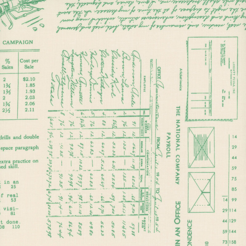 Cream-colored fabric adorned with vintage mint green patterns and typing motifs. 