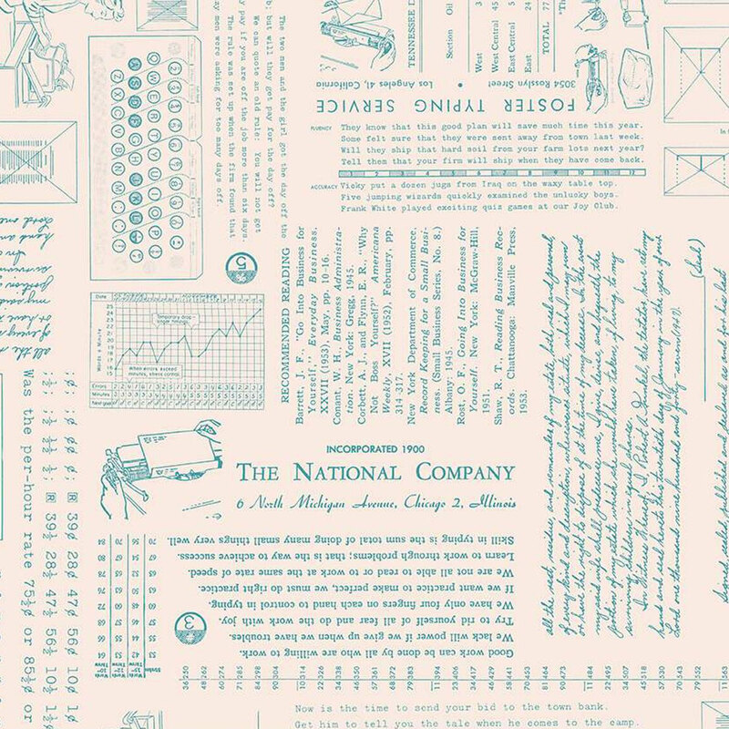 A vintage-style pattern featuring blue illustrations and text related to postal services and data.