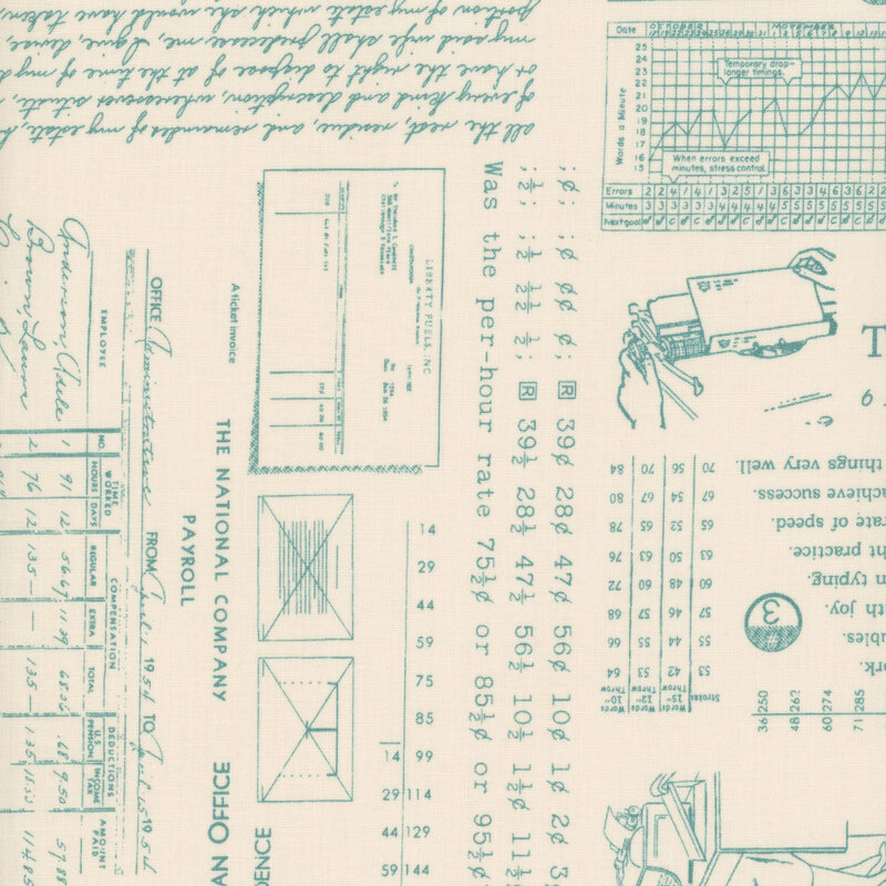 Cream-colored fabric with vintage aqua writing patterns and typing motifs. 