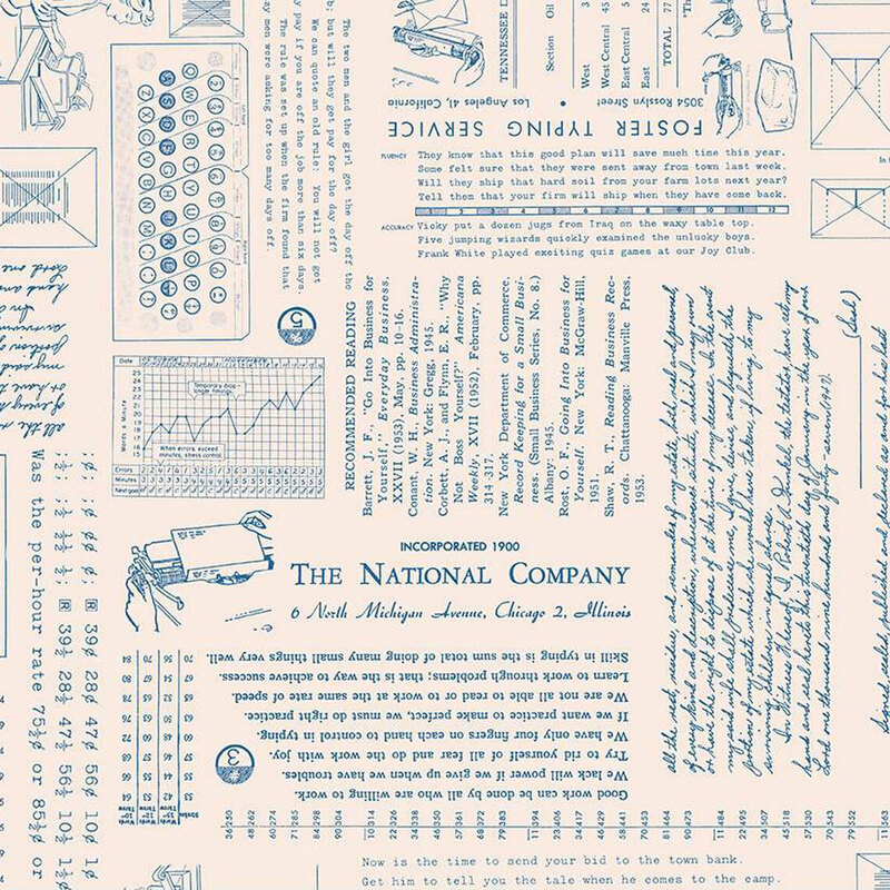 Pattern featuring vintage text and illustrations related to The National Company and typing services.