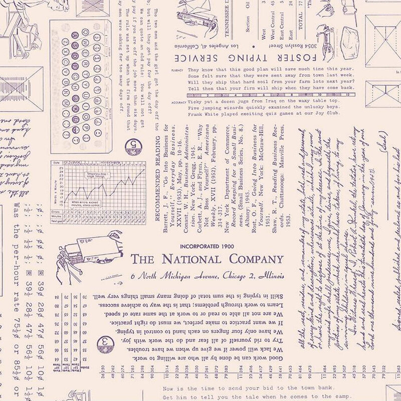 Pattern featuring vintage typewriter illustrations, newspaper clippings, and handwritten text in a sepia tone.