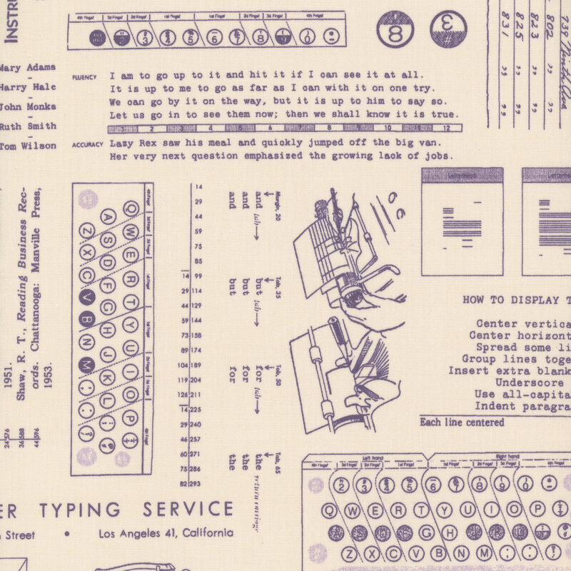cream-colored fabric with vintage purple writing patterns and typing motifs. 