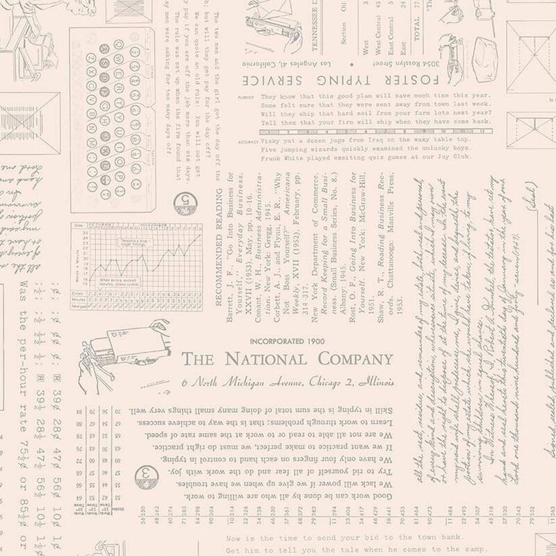 Patterned fabric featuring vintage text, diagrams, and sketches related to typing and correspondence.