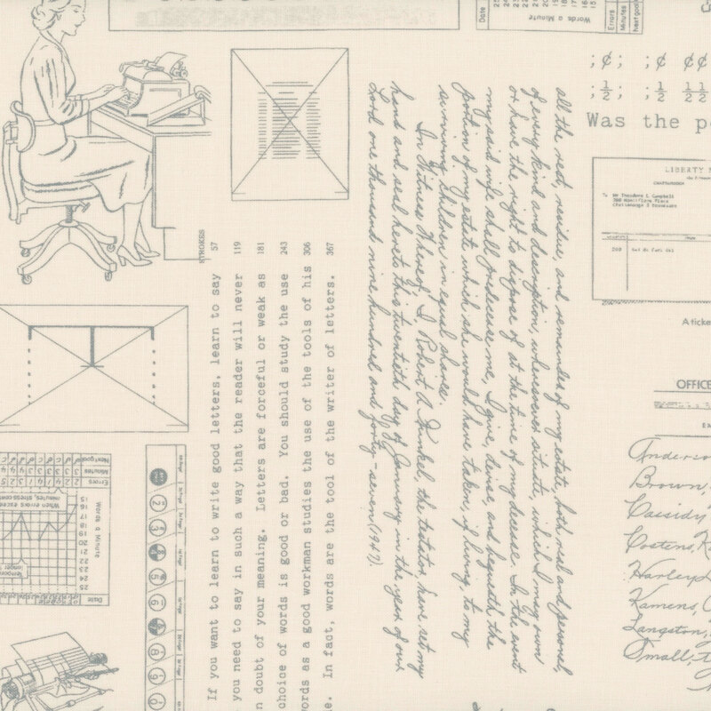 Cream-colored fabric adorned with vintage gray patterns and typing motifs. 