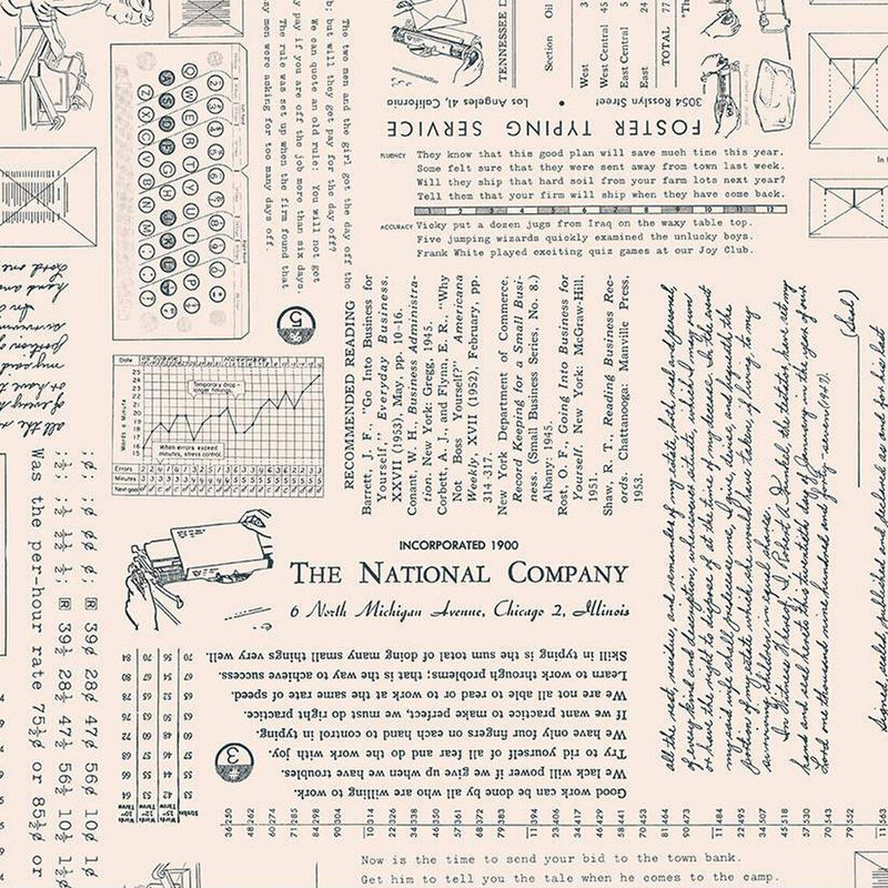 Vintage fabric design featuring various printed elements, including text, illustrations, and graphs.