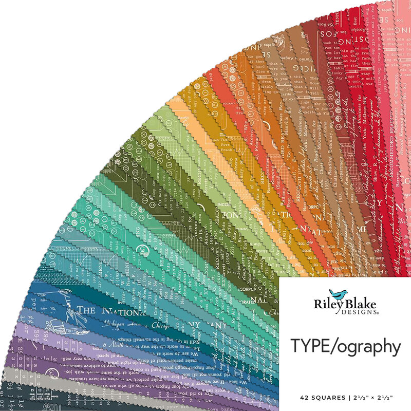 Colorful fabric swatches arranged in a circular pattern, labeled TYPE/ography by Riley Blake Designs.