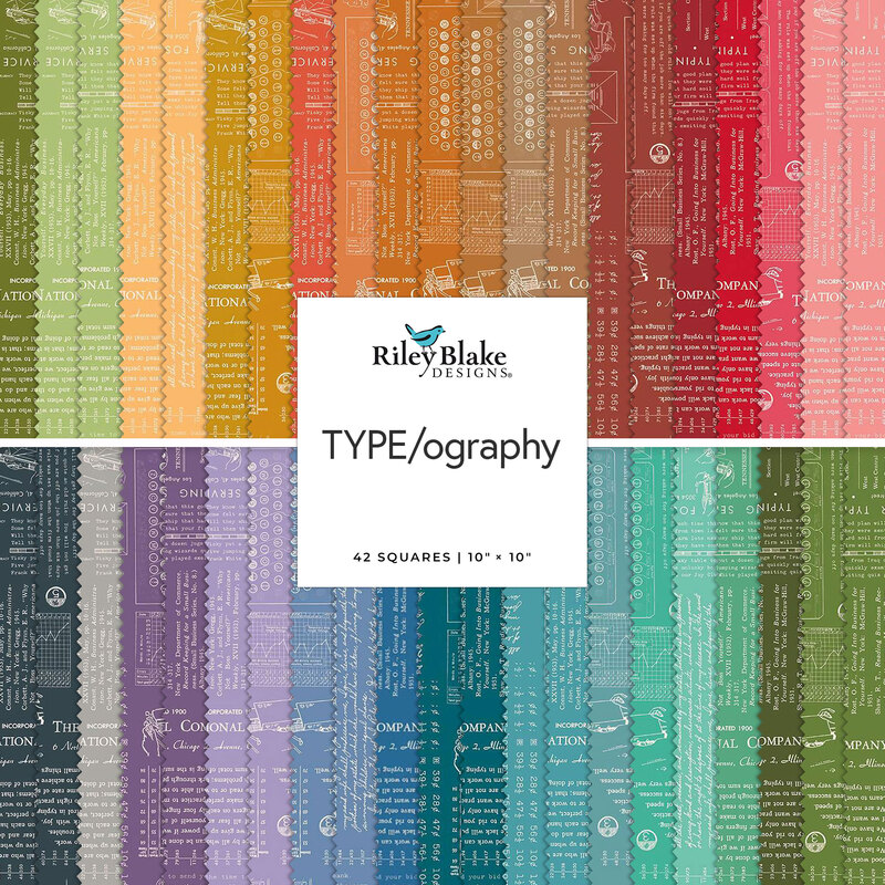 Colorful fabric squares featuring text designs labeled TYPE/ography by Riley Blake Designs.