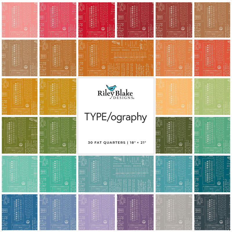 A grid of colorful fabric swatches with text labels in the center, titled TYPE/ography by Riley Blake Designs.