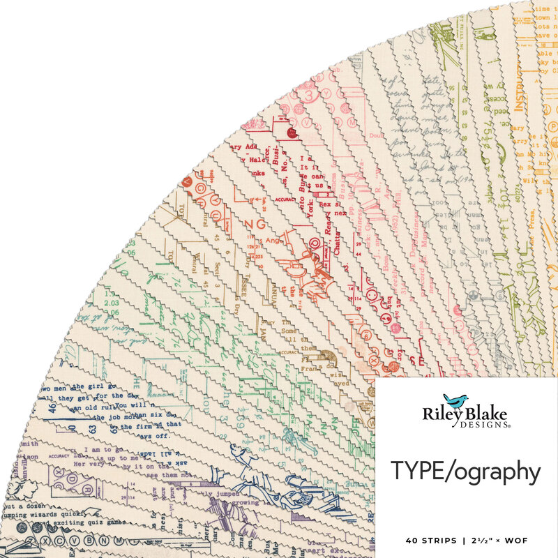 A colorful fabric design featuring various text patterns, labeled TYPE/ography with a logo.