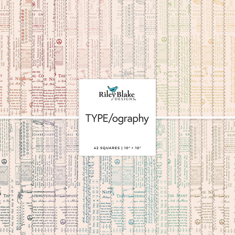 Fabric design featuring a grid of colorful text blocks, labeled TYPE/ography by Riley Blake Designs.