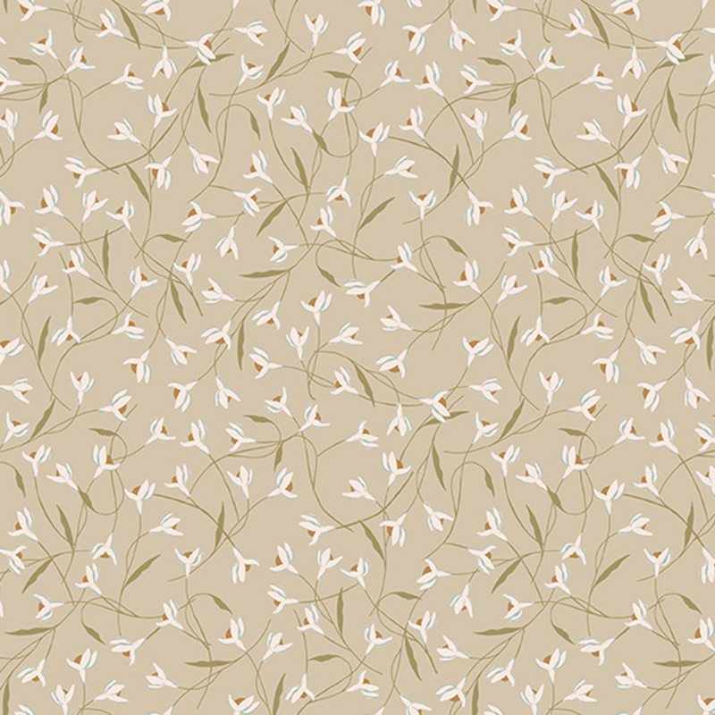 Taupe fabric with overlapping snowdrop flowers.