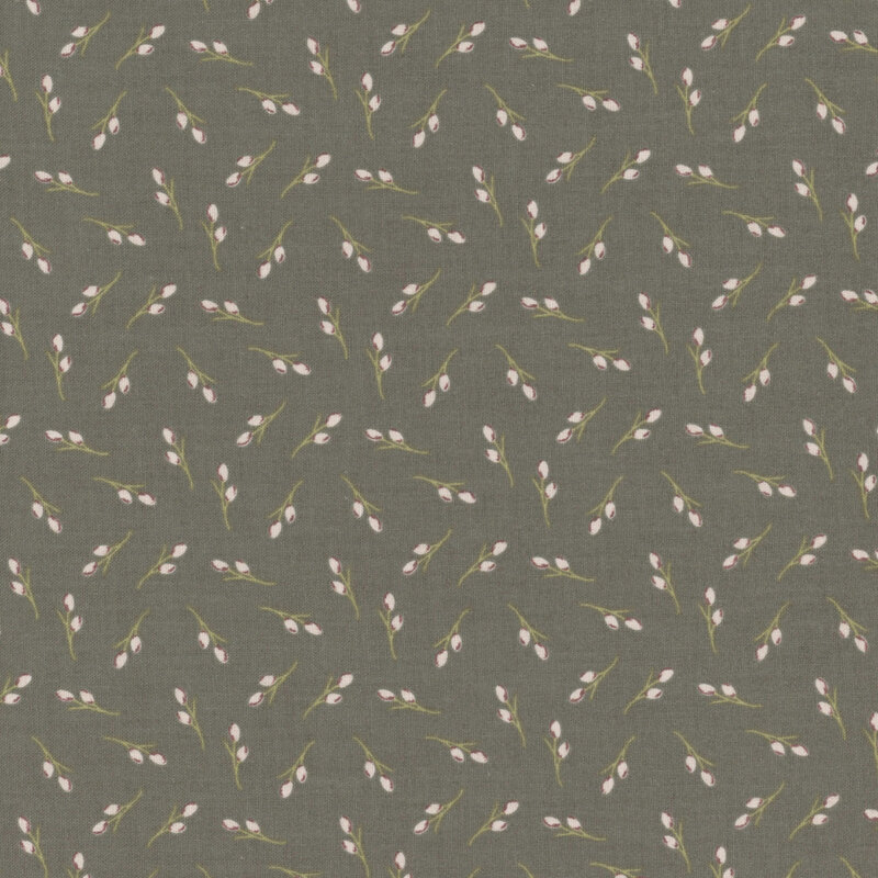 Gray fabric with tossed sprigs of blossoms and leaves.