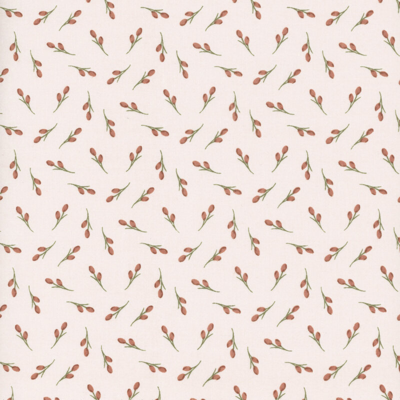 Cream fabric with tossed sprigs of blossoms and leaves.
