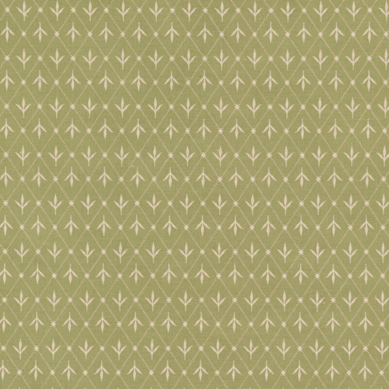 Olive green fabric with a lattice design and leafy motifs.