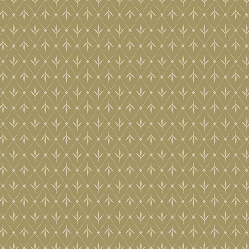 Olive green fabric with a lattice design and leafy motifs.