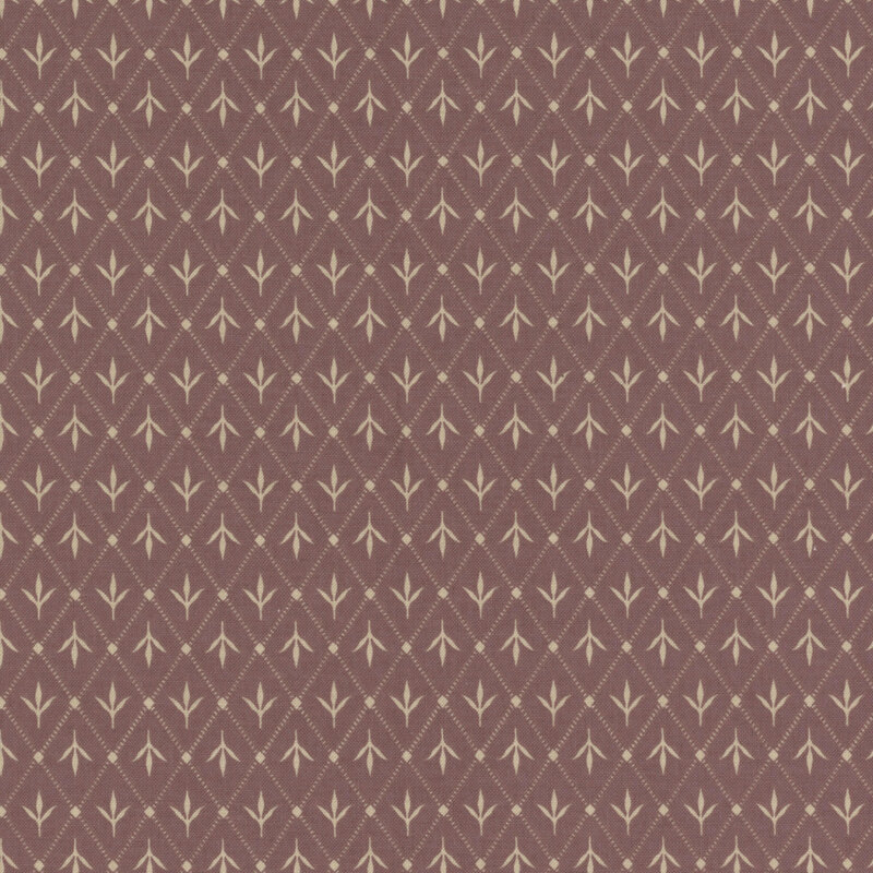 Muted purple fabric with a lattice design and leafy motifs.