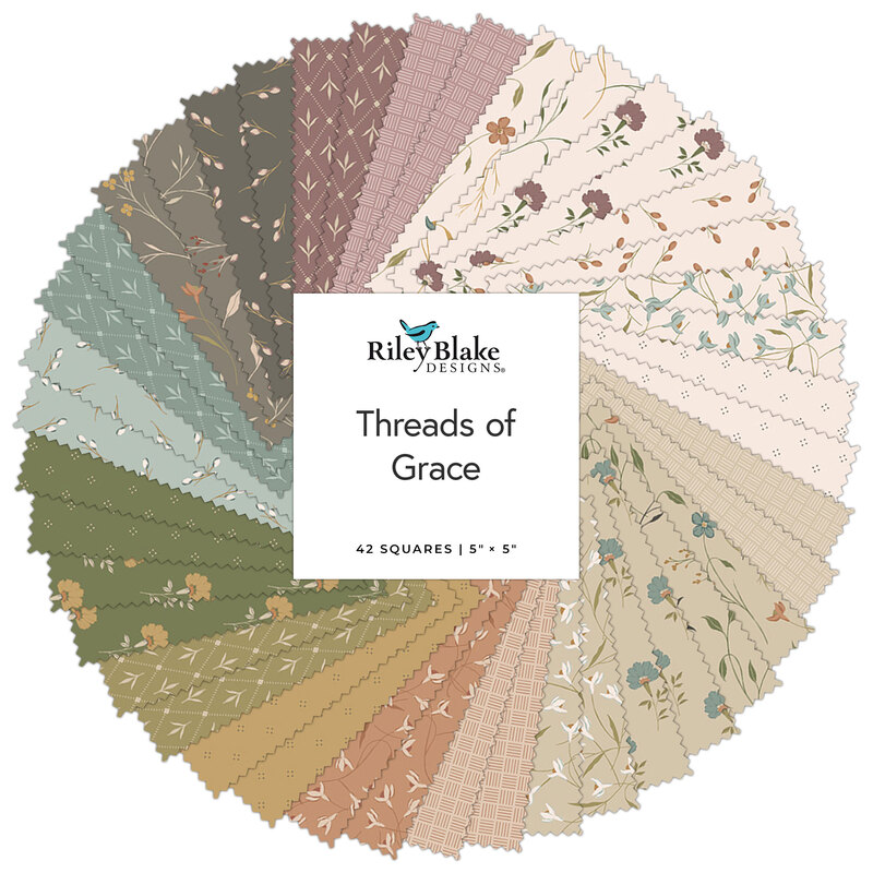 A spiral collage of the fabrics included in the Threads of Grace 5