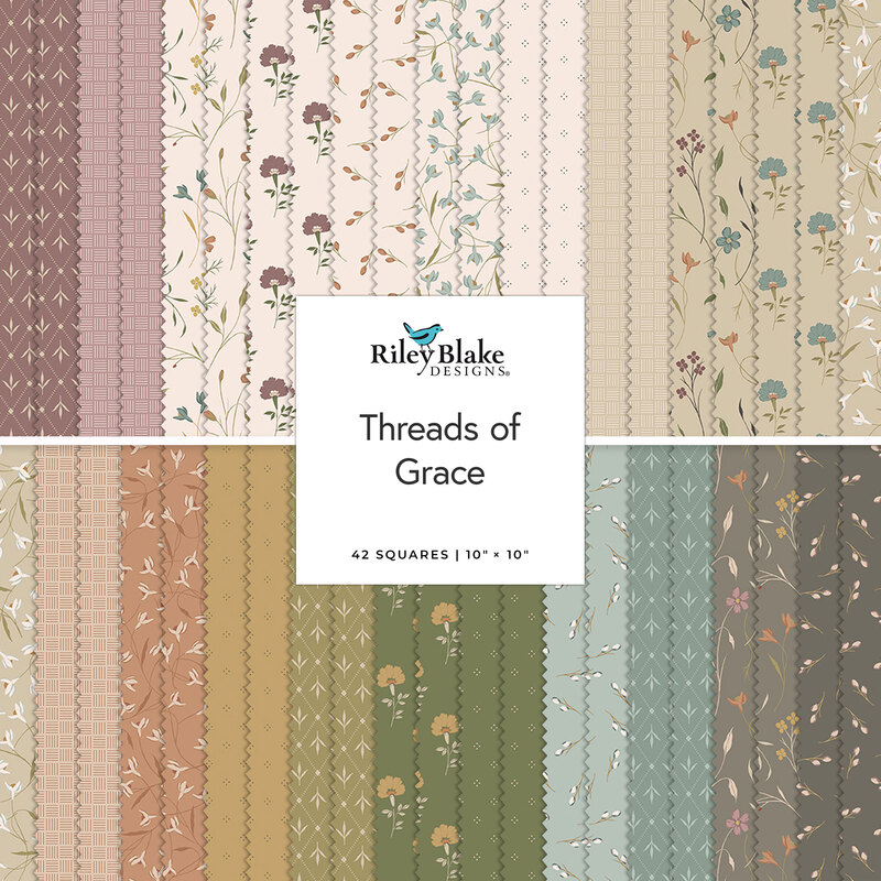 A stacked collage of the fabrics included in the Threads of Grace 10