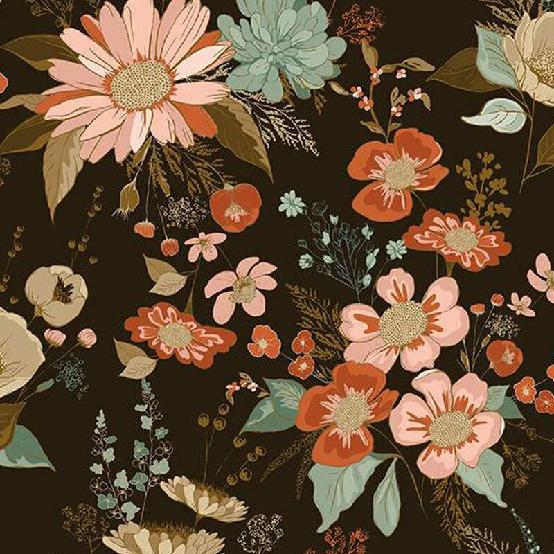 fabric pattern of florals scattered all over a black background