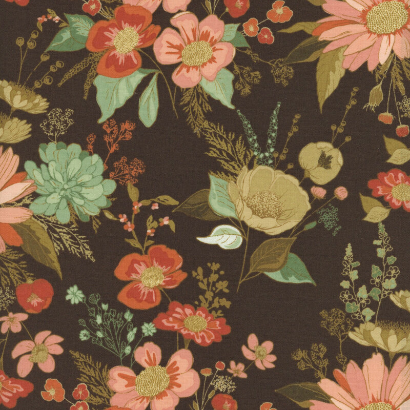 fabric pattern of florals scattered all over a dark brown background.