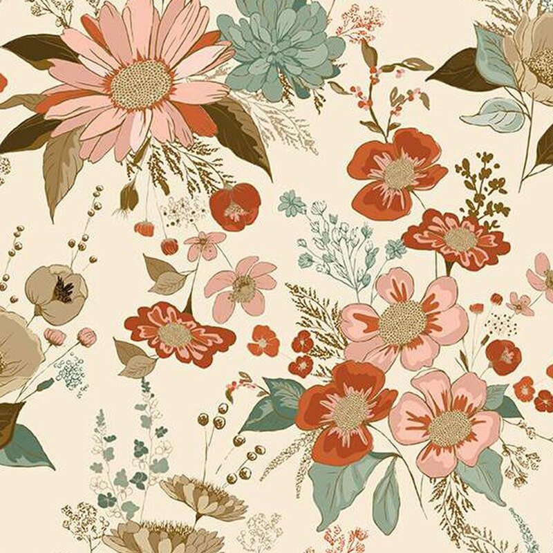 fabric pattern of florals scattered all over a cream background