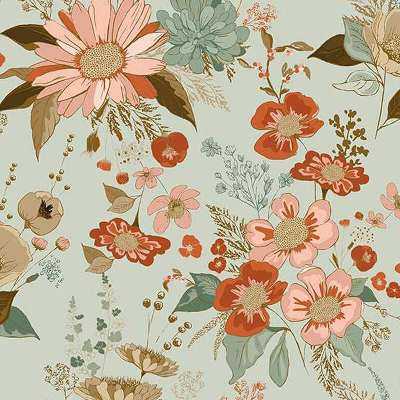 fabric pattern of florals scattered all over a mint background