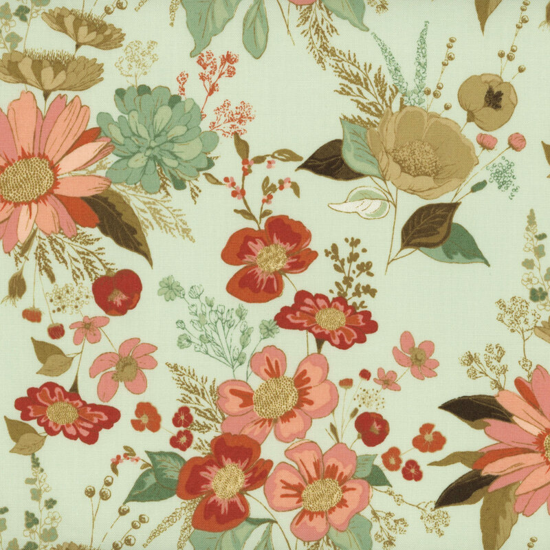 fabric pattern of florals scattered all over a mint background.