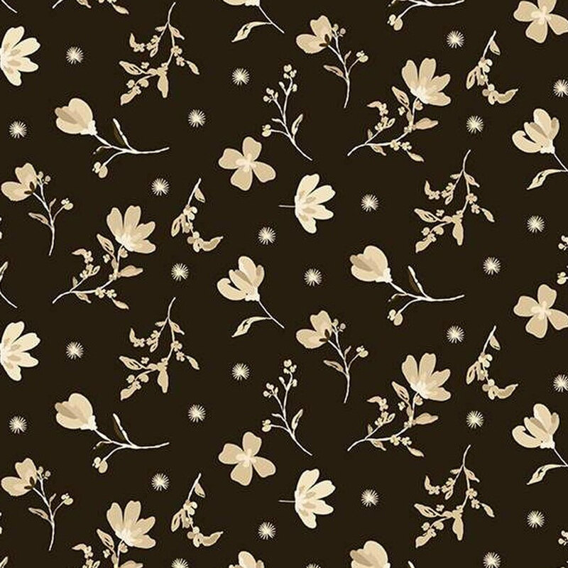 fabric pattern of white florals scattered all over a dark brown background