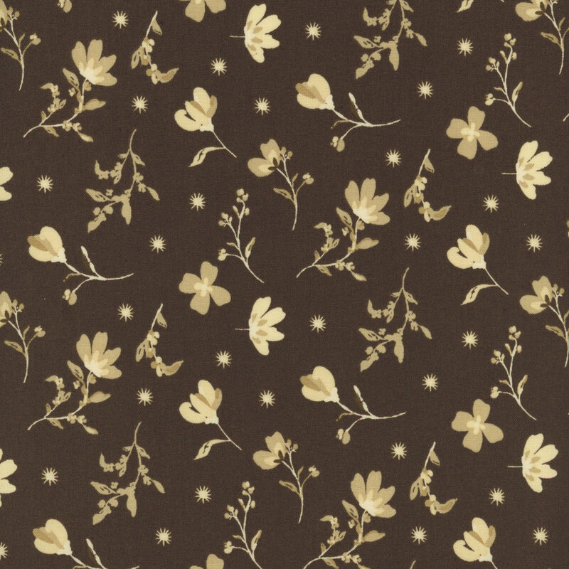 fabric pattern of white florals scattered all over a dark brown background.